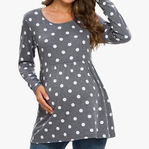 Maternity Long Sleeve Peplum Top - Gray with white polka dots